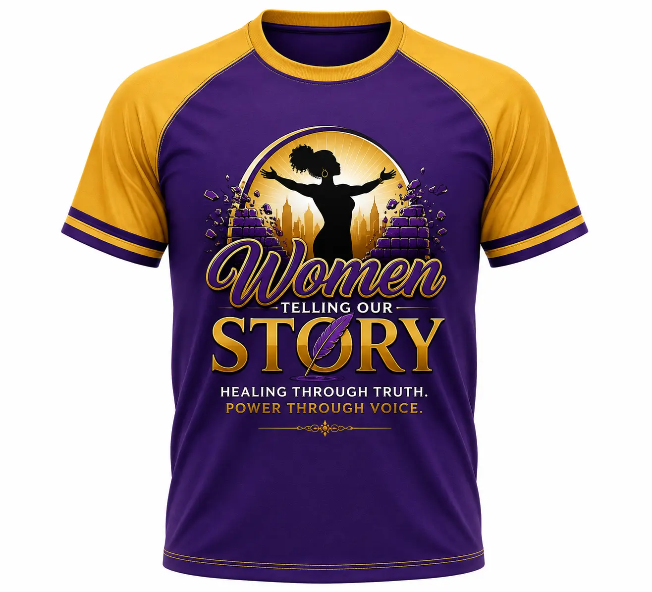 Women Telling Our Story purple and gold featured T-shirt