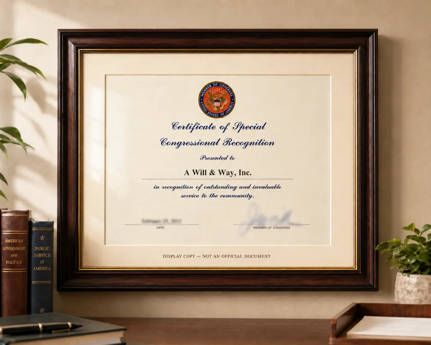 Special Congressional Recognition display for A Will and Way, Inc.