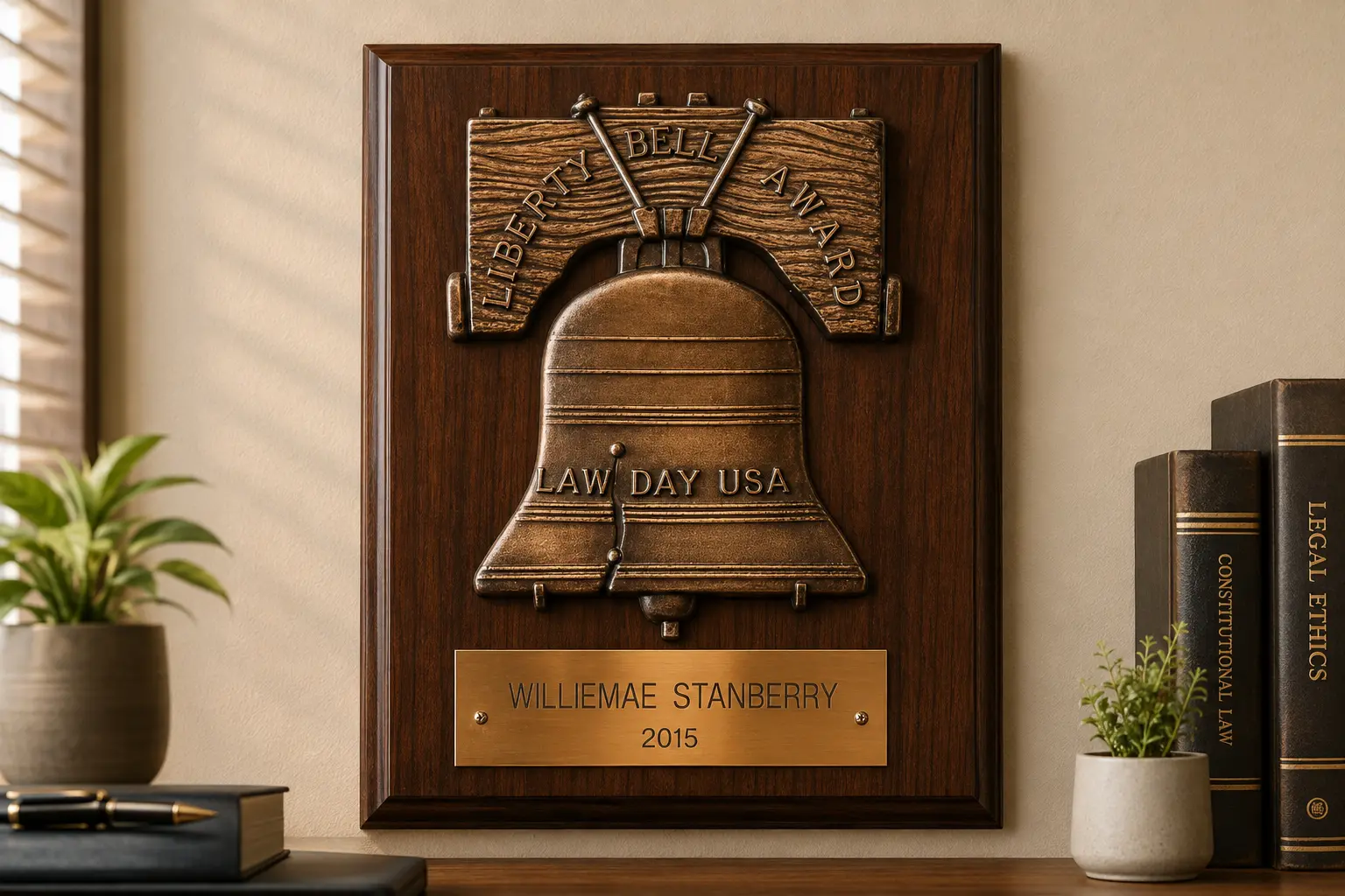 Liberty Bell Law Day USA award plaque for Williemae Stanberry