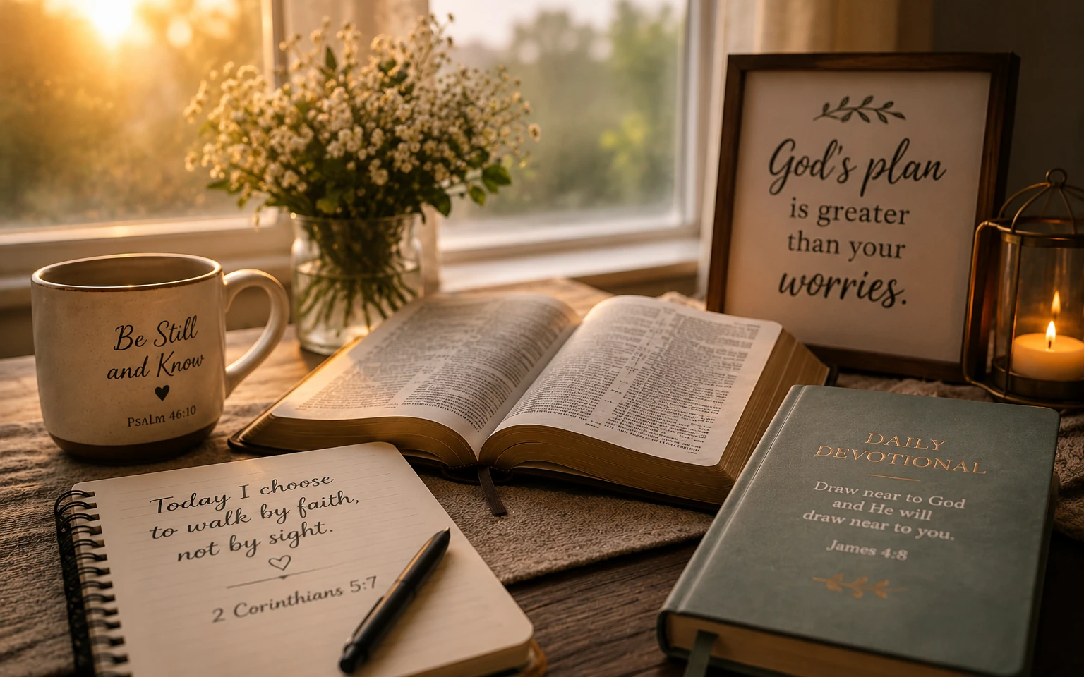 Open Bible, devotional journal and faith-inspired decor in warm sunlight